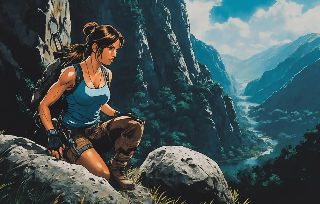 Photo wallpaper girl, mountains, art, Tomb Raider, game, Lara Croft, Lara Croft, digital art