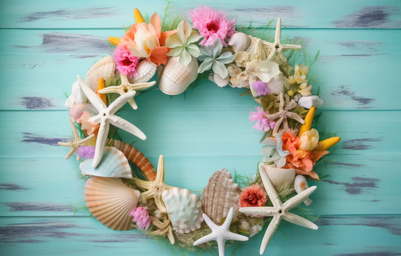 Photo wallpaper summer, flowers, background, colorful, shell, summer, beach, wreath