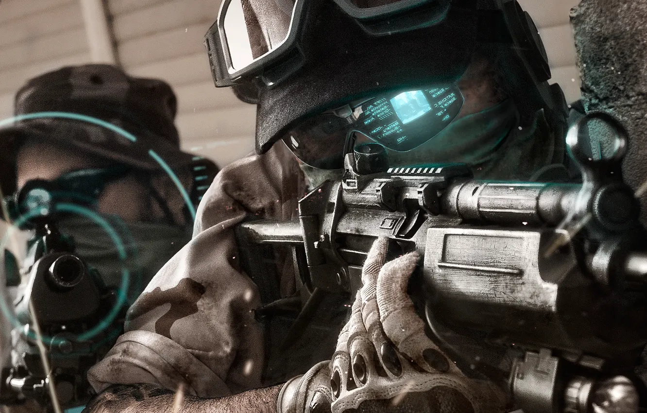 Photo wallpaper weapons, glasses, soldiers, gloves, camouflage, sight, hologram, machines