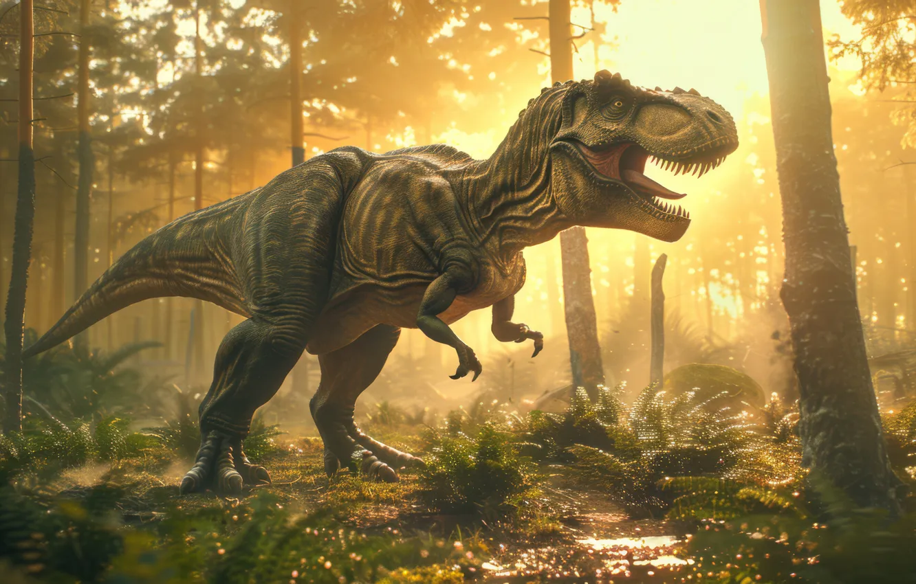 Photo wallpaper trees, animal, dawn, dinosaur, predator, Tyrannosaurus, digital art, Tyrannosaurus Rex