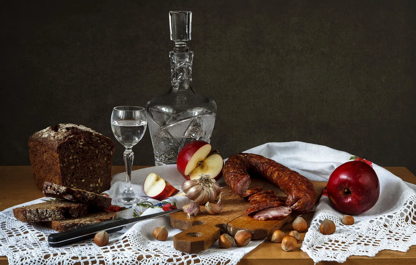 Photo wallpaper apples, bread, nuts, vodka, sausage