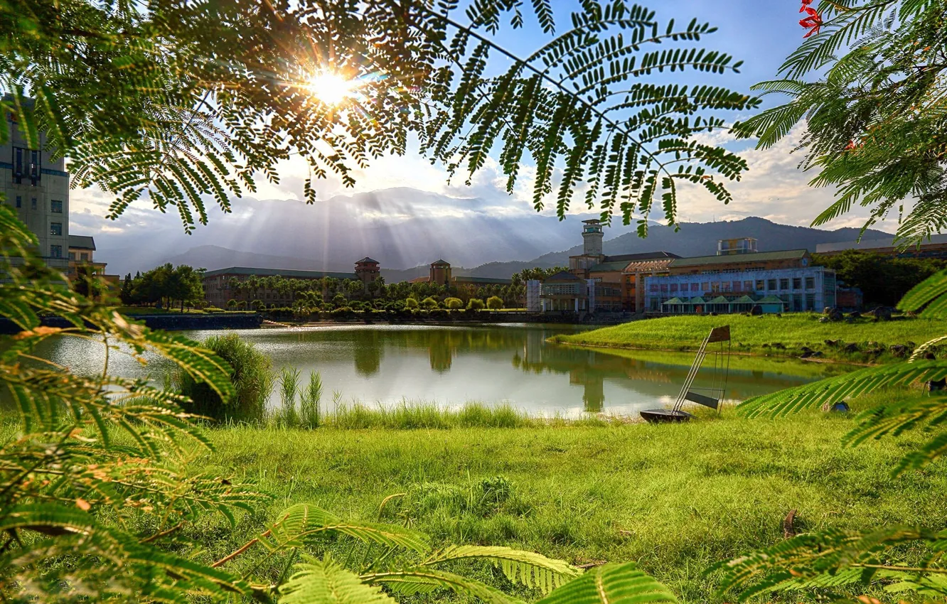 Photo wallpaper the sky, clouds, pond, building, China, the rays of the sun, Hualien, Dong Hwa University