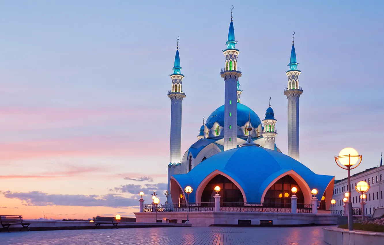 Photo wallpaper sunset, lights, space, panorama, the Kremlin, mosque, Kazan, Tatarstan