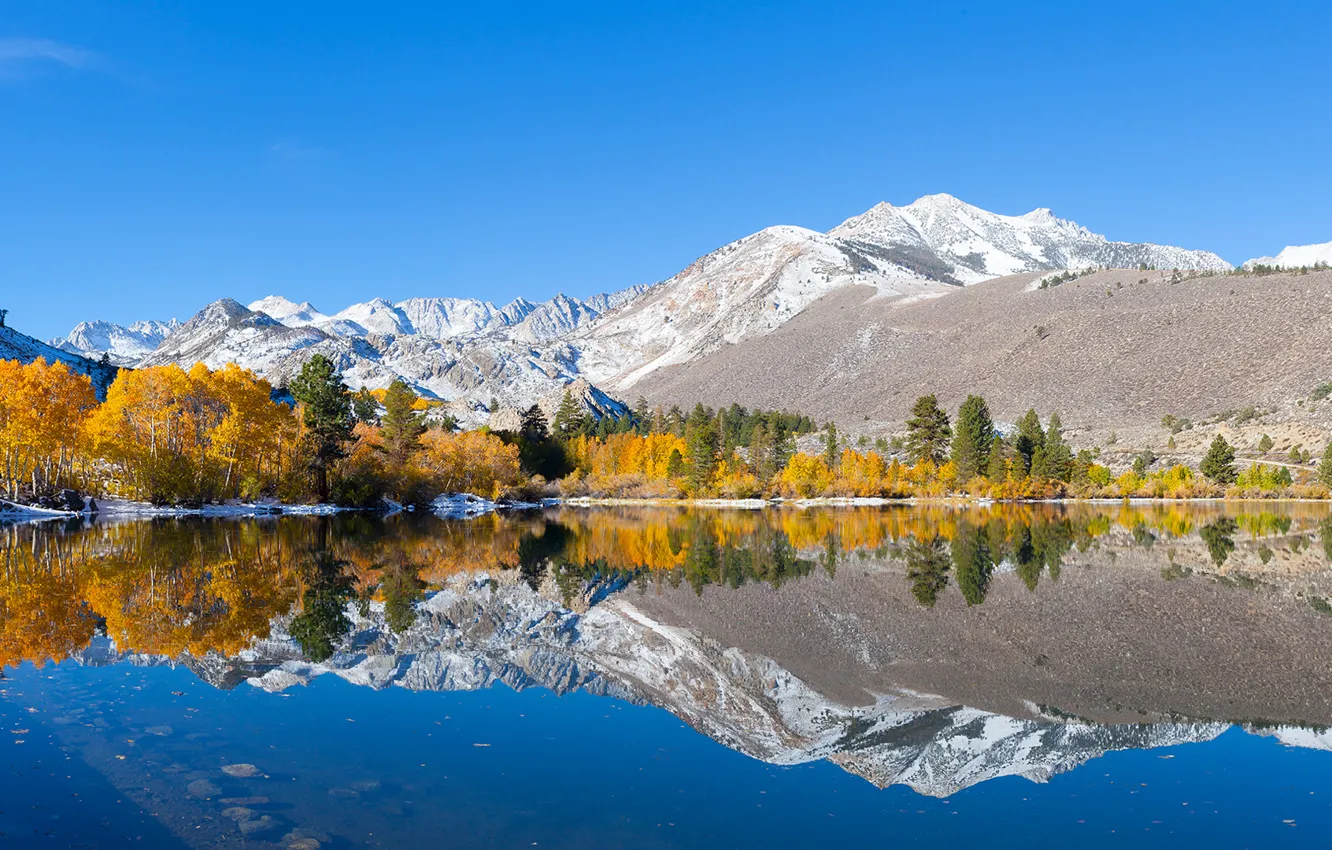 Photo wallpaper autumn, the sky, trees, mountains, lake, reflection