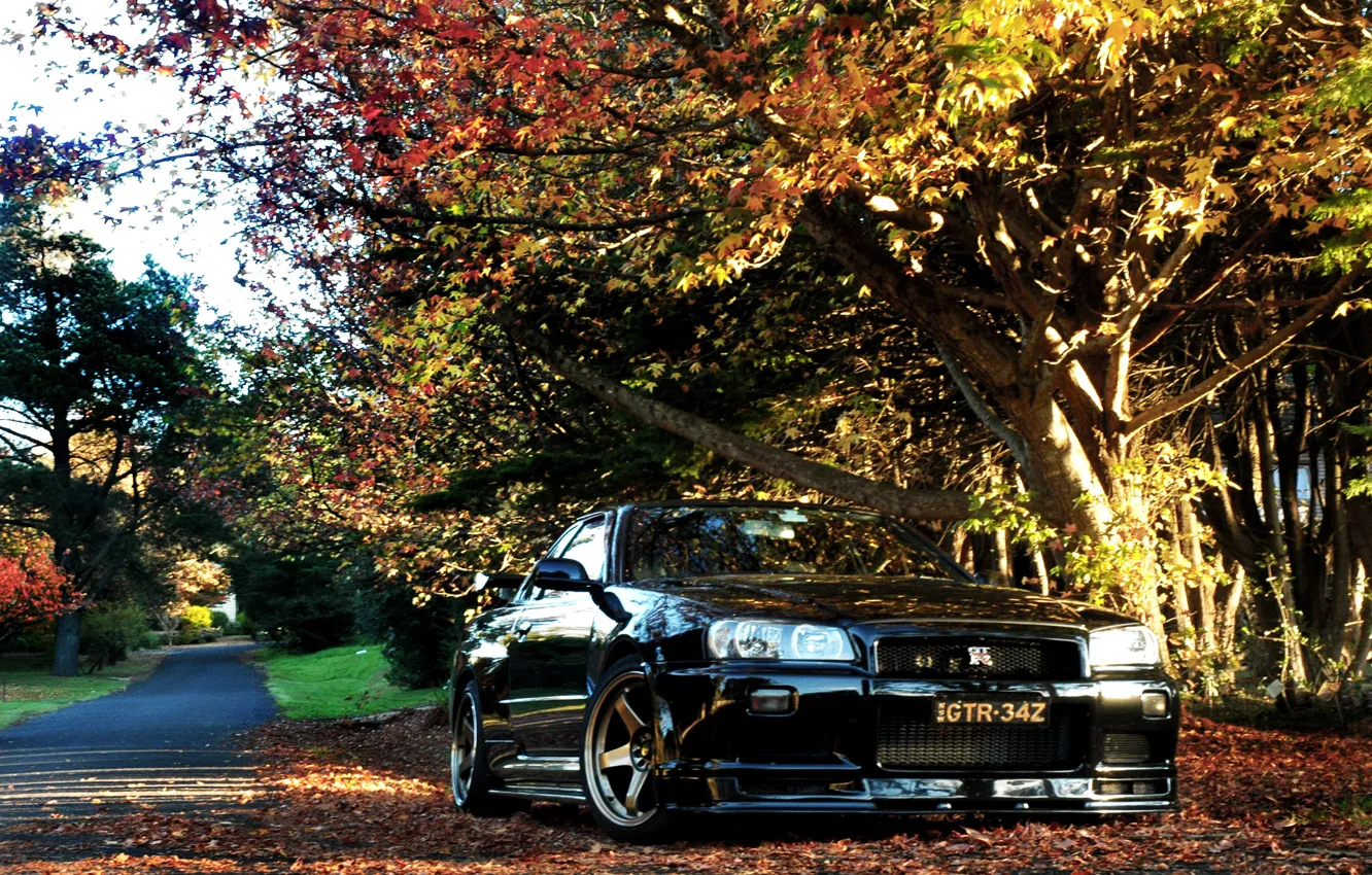 Photo wallpaper autumn, Nissan, GT-R, Skyline, R34