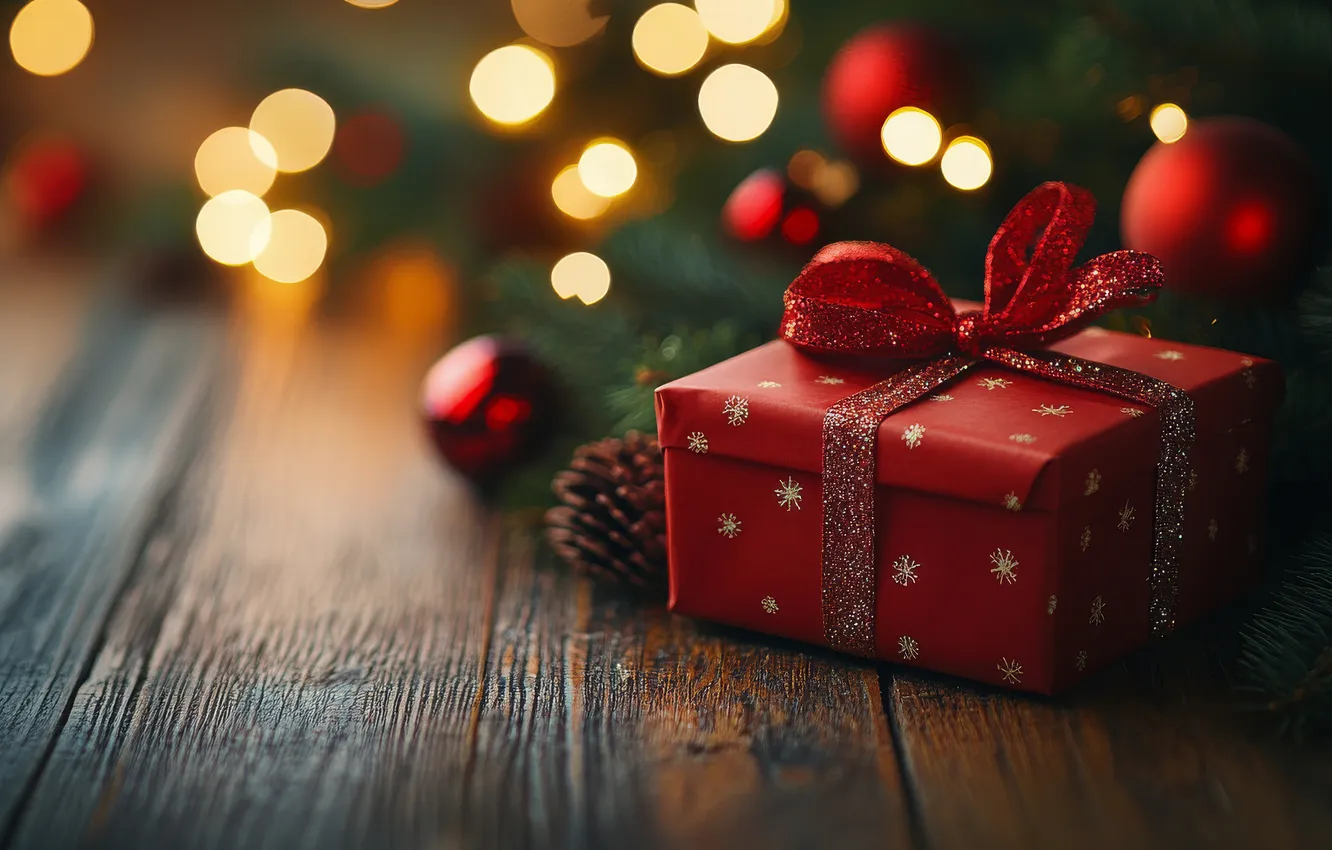 Photo wallpaper lights, gift, new year, Christmas, bumps, bokeh, gift box, AI art