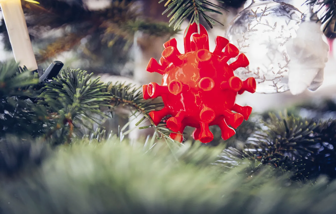 Photo wallpaper balls, tree, Christmas, red, holiday, coronavirus, surprise, hanging