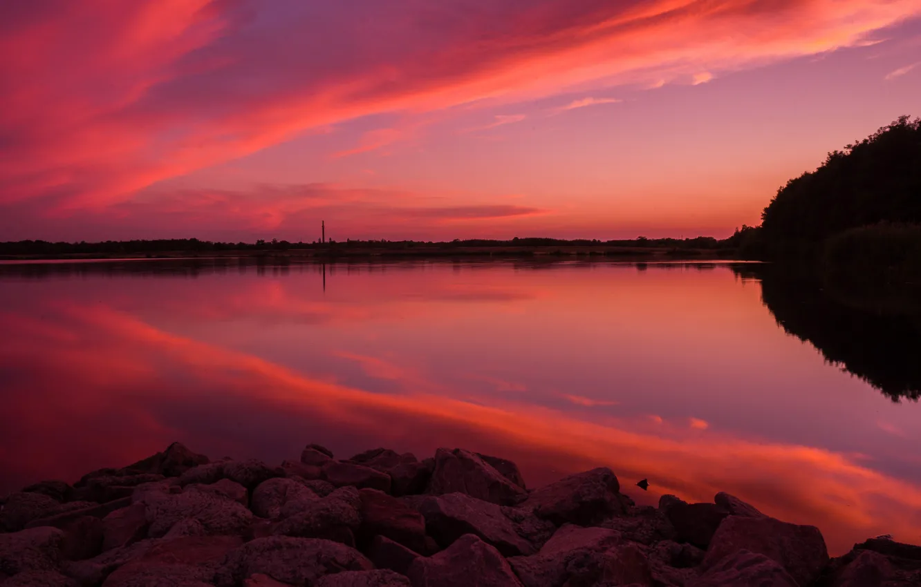 Photo wallpaper clouds, lake, reflection, stones, glow