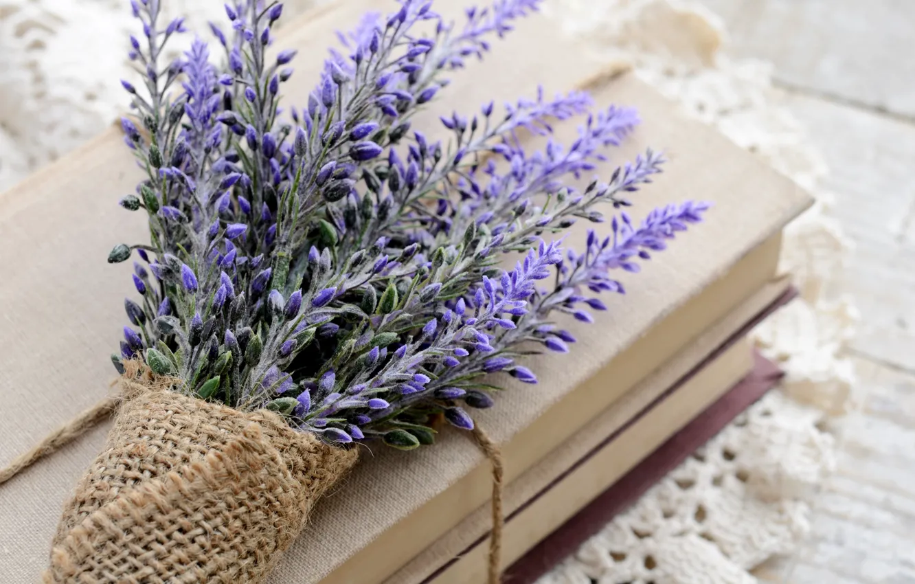 Photo wallpaper flowers, books, bouquet, lavender, napkin