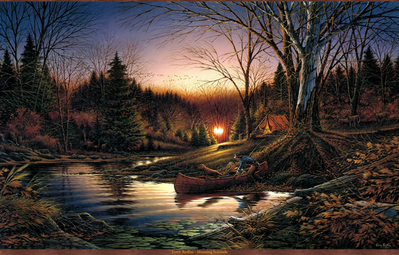 Photo wallpaper autumn, forest, river, sunrise, boat, dog, morning, tent