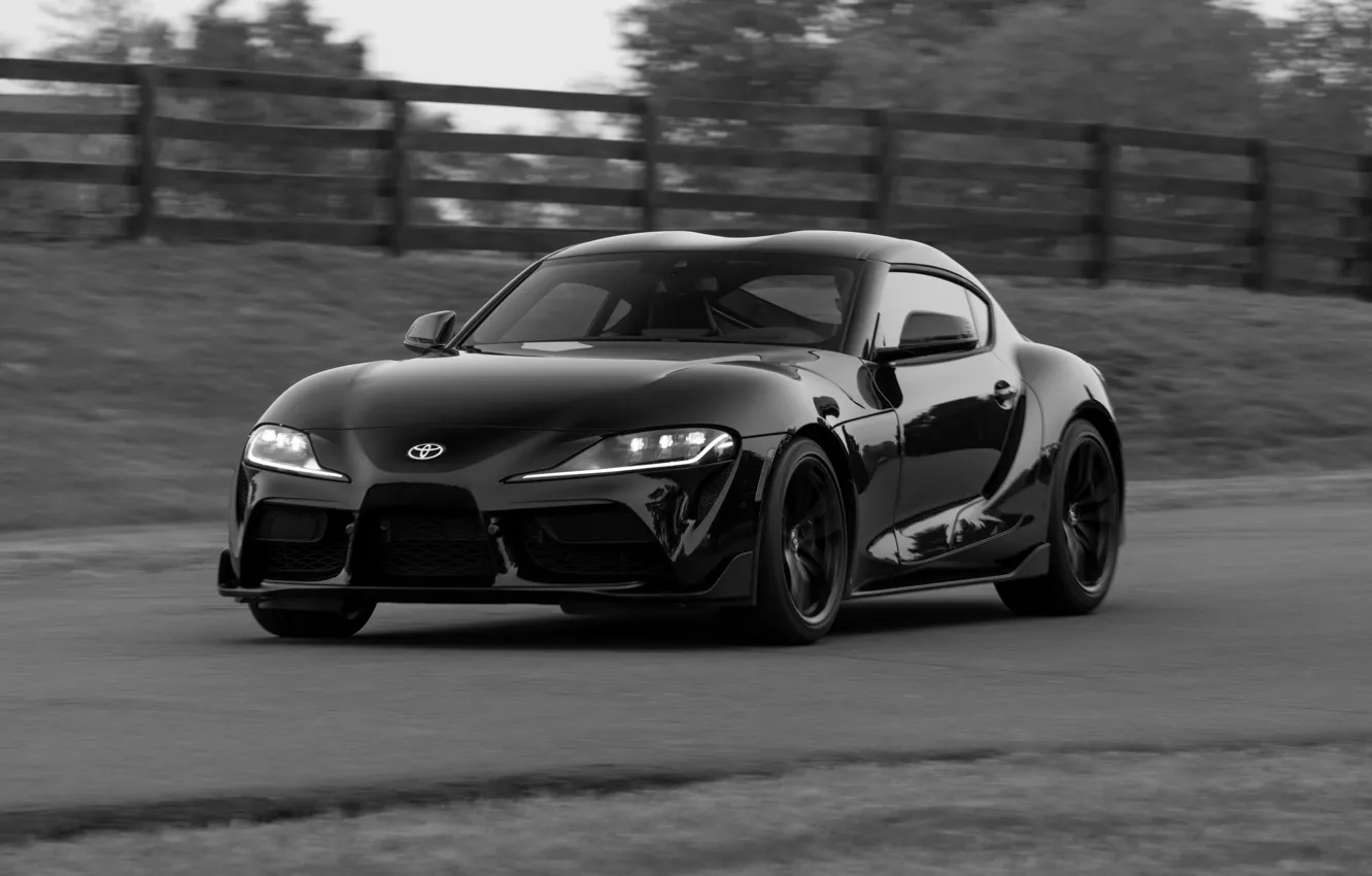 Photo wallpaper black, the fence, coupe, Toyota, Supra, the fifth generation, mk5, double