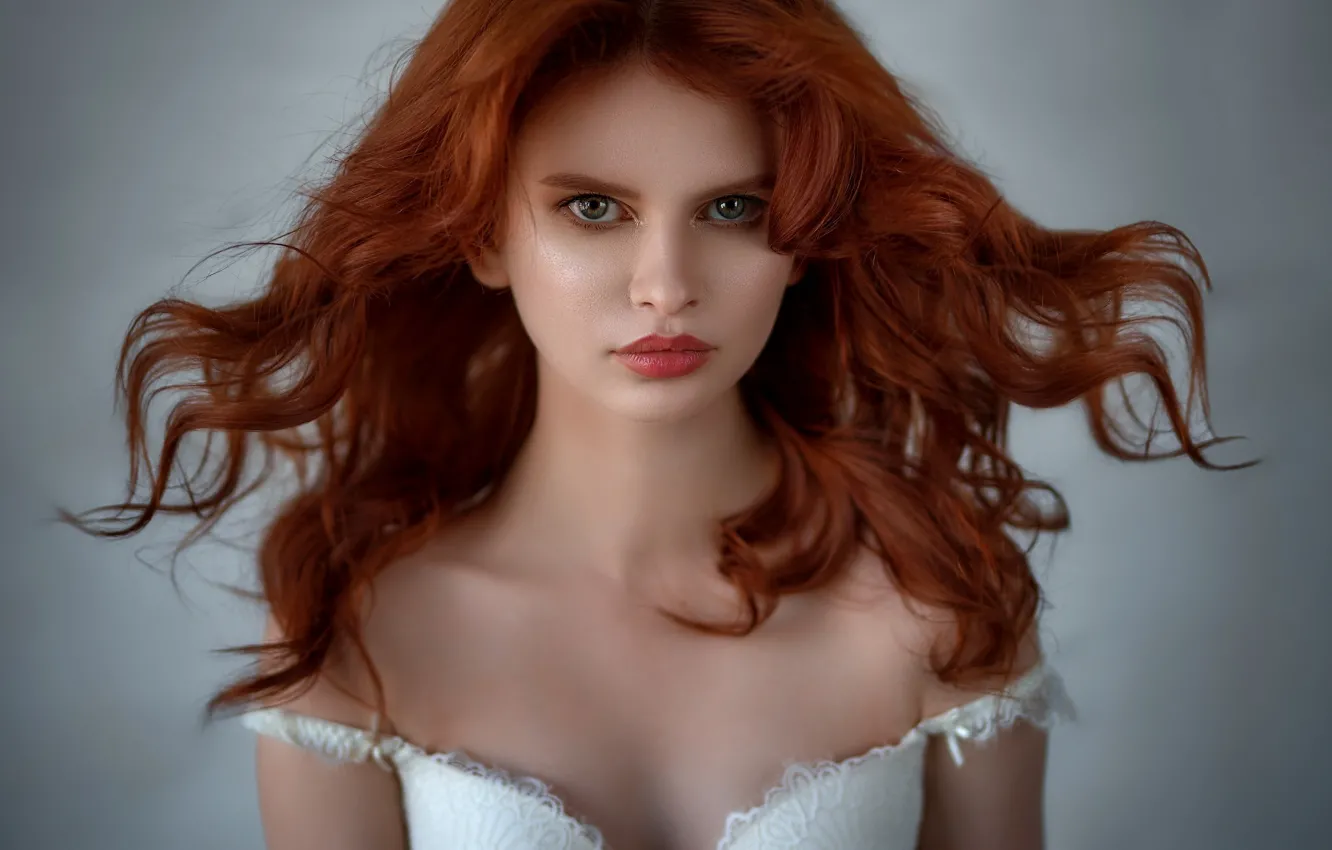 Photo wallpaper look, girl, face, background, portrait, red, sponge, redhead