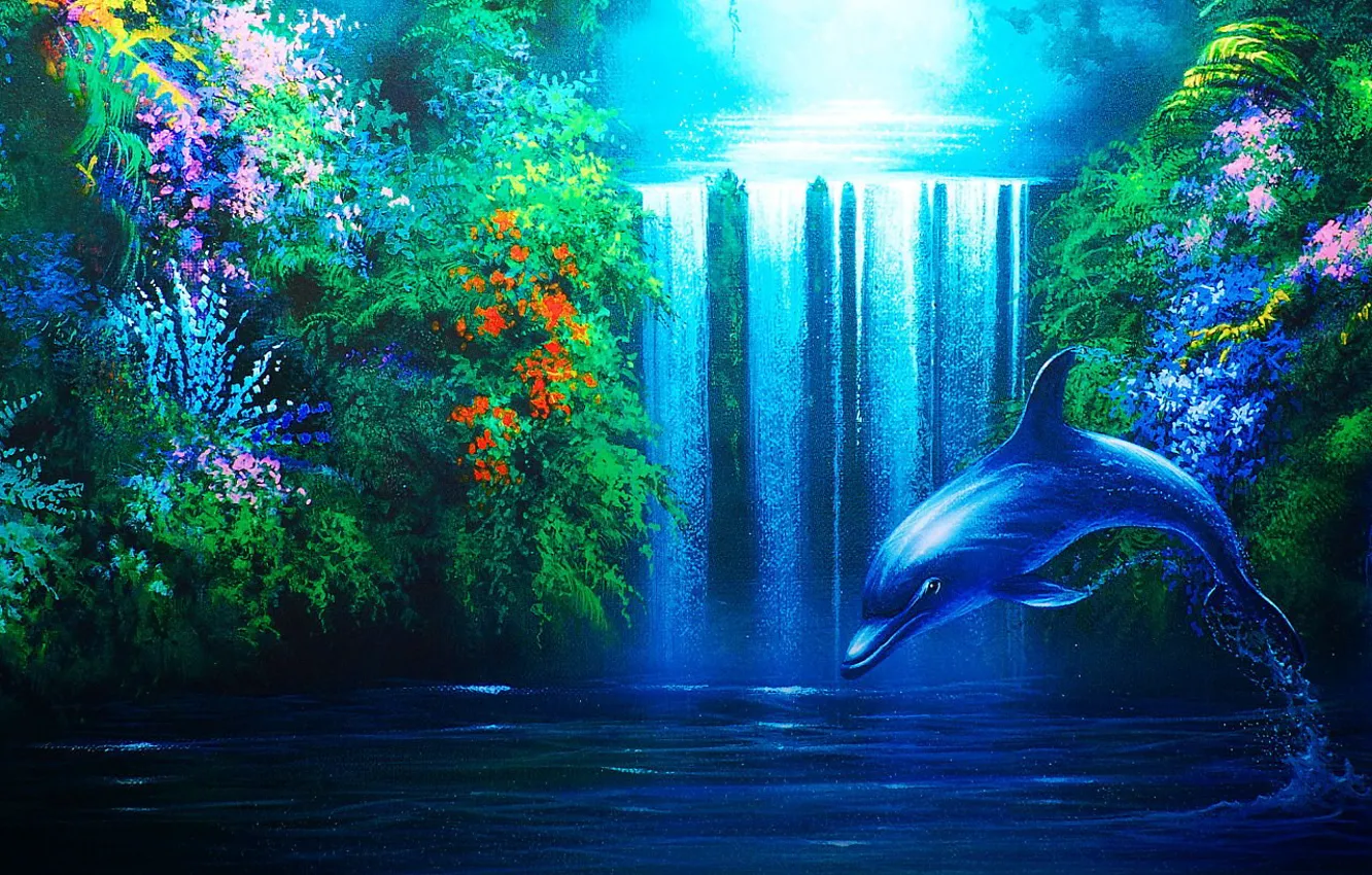 Photo wallpaper Dolphin, waterfall, plants
