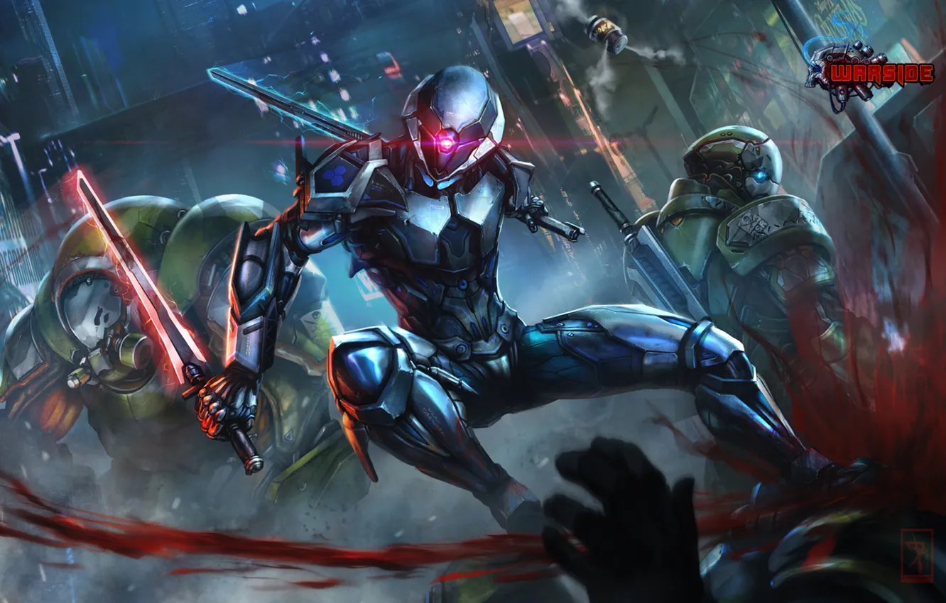 Photo wallpaper blood, sword, battle, warrior, soldiers, helmet, cyborg, fight