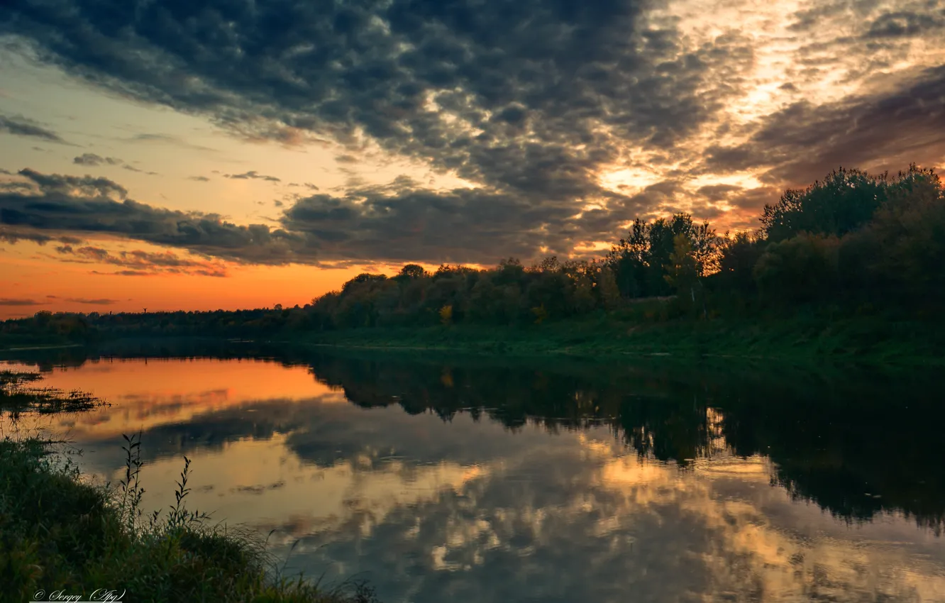 Photo wallpaper autumn, clouds, sunset, river