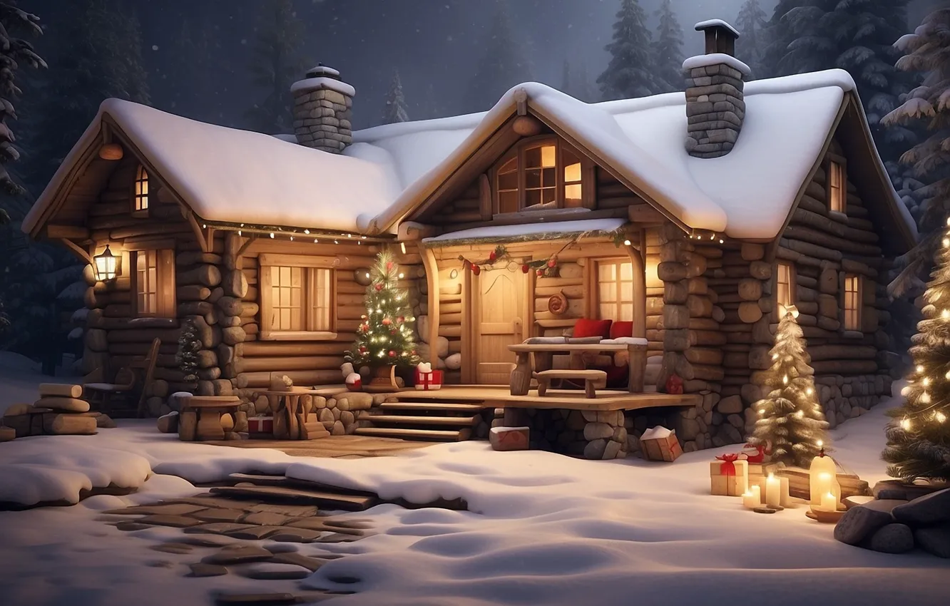 Photo wallpaper winter, forest, snow, house, Christmas, New year, house, hut