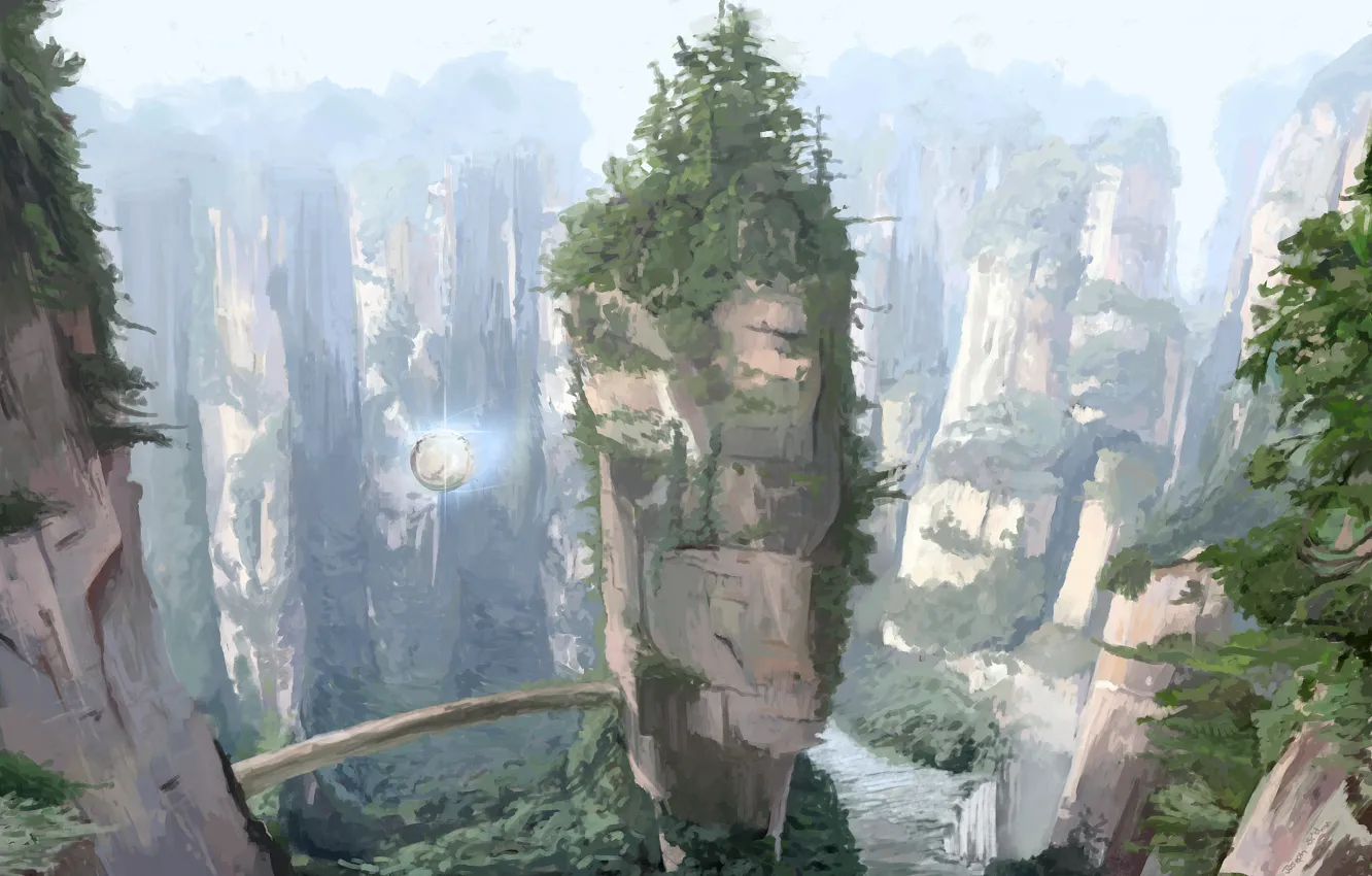 Photo wallpaper trees, river, rocks, height, art, sphere