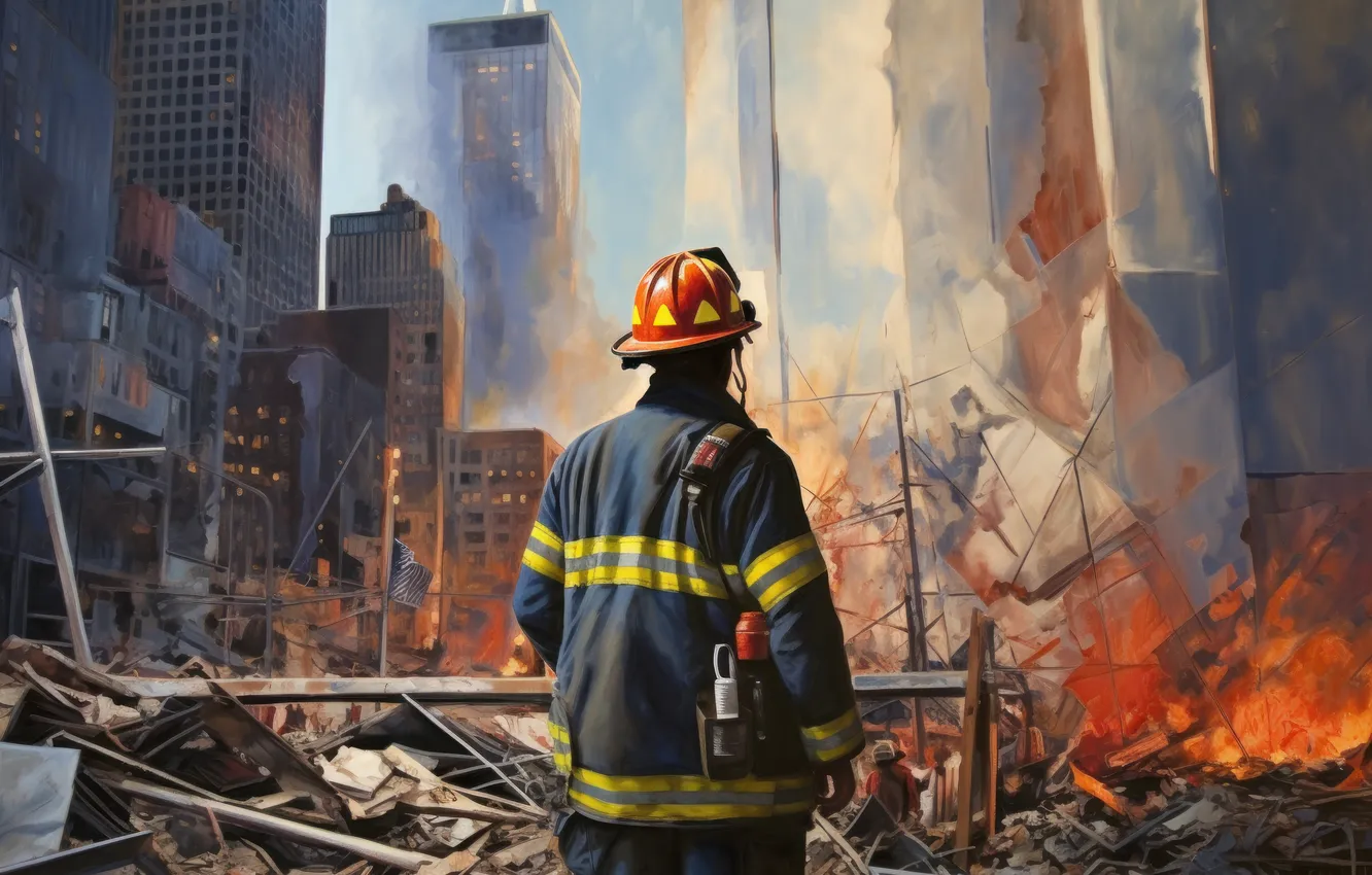 Photo wallpaper New York, Attack, destruction, 9/11, firefighter, Fireman