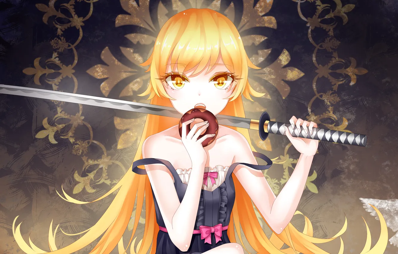 Photo wallpaper girl, pattern, sword, donuts, bow, yellow eyes