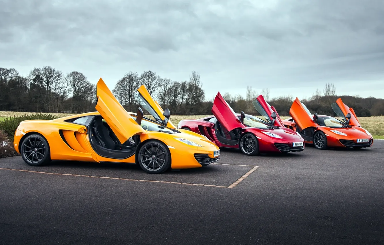 Photo wallpaper the sky, orange, yellow, red, McLaren, the door, supercar, MP4-12C