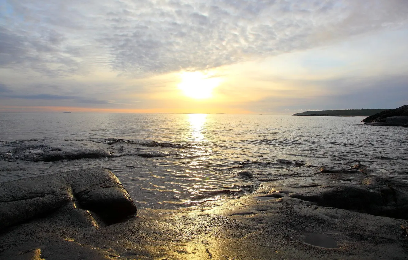 Photo wallpaper the sky, clouds, sunset, lake, stones