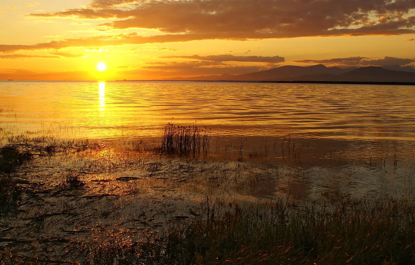 Photo wallpaper the sky, the sun, sunset, mountains, lake