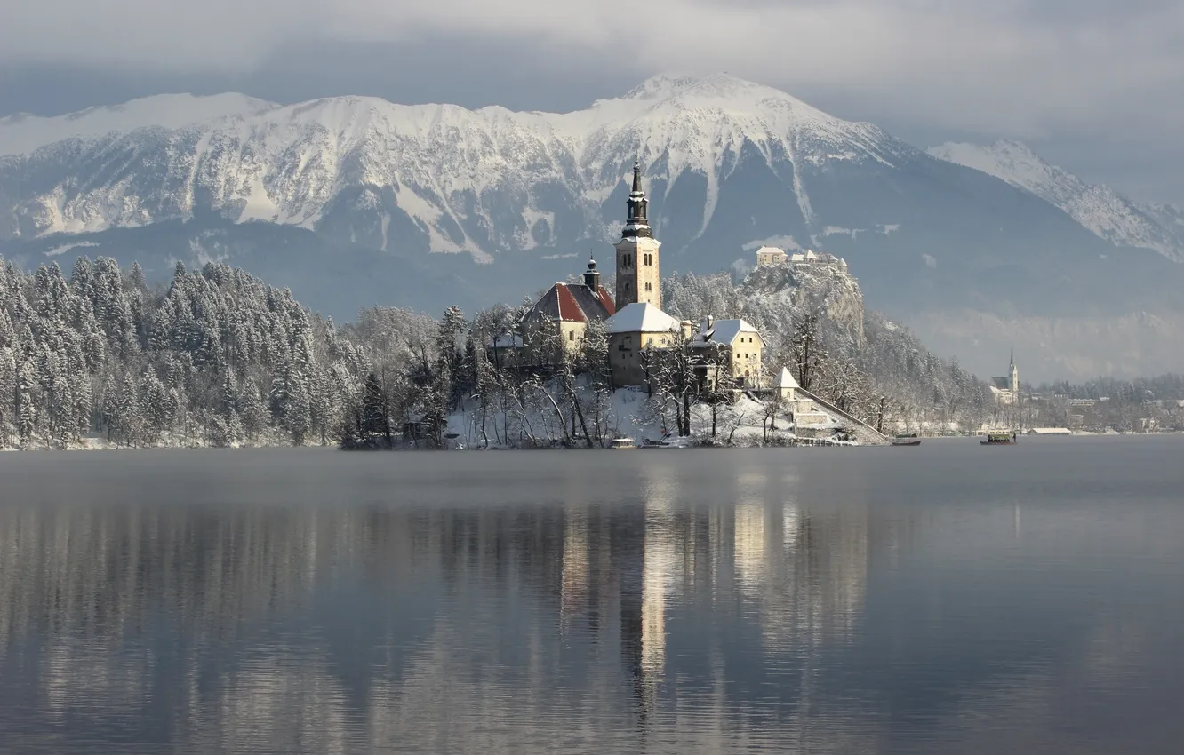 Photo wallpaper winter, snow, lake, Bled