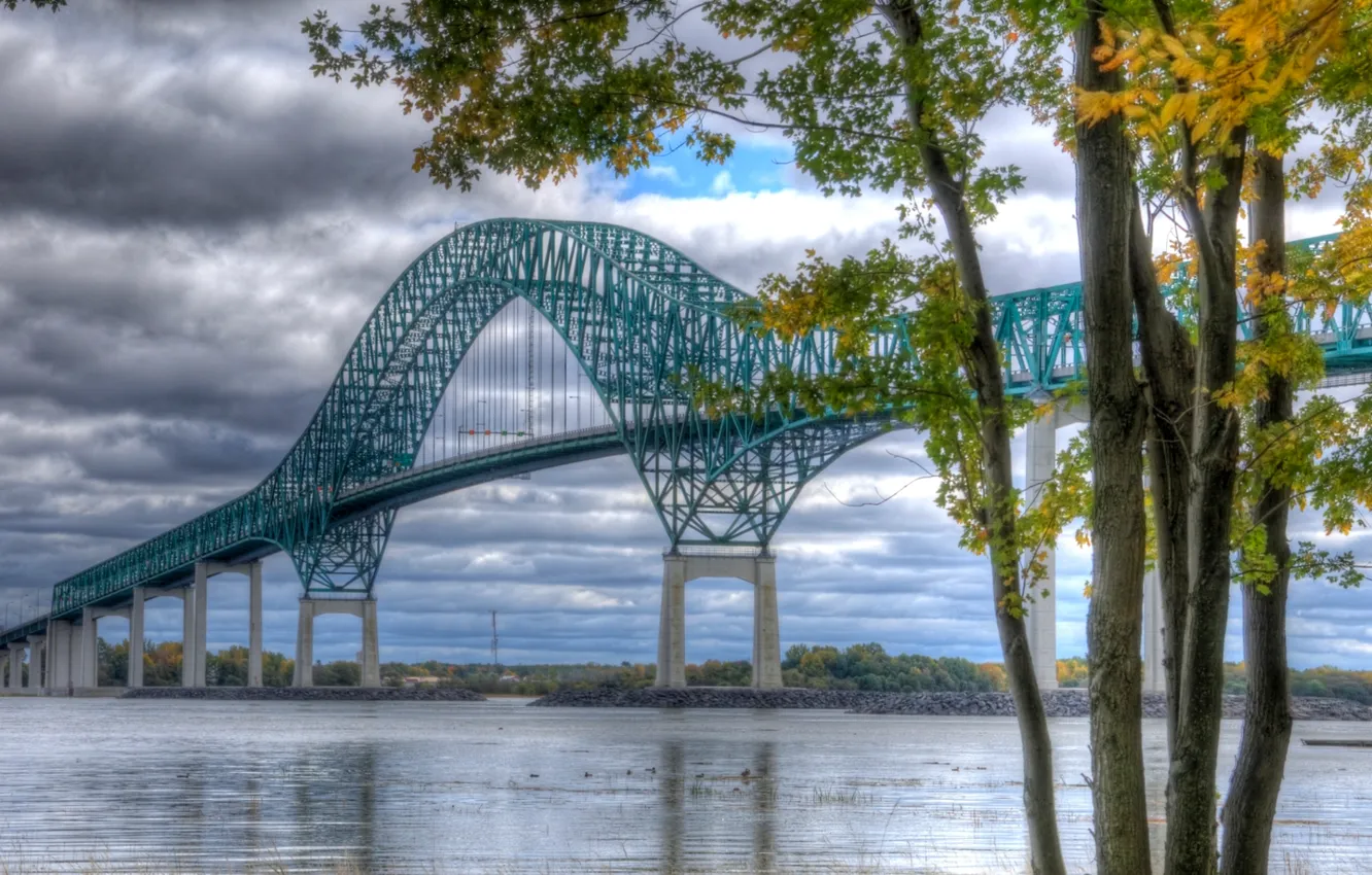 Photo wallpaper the sky, trees, bridge, river, HDR, Canada, Canada, Quebec