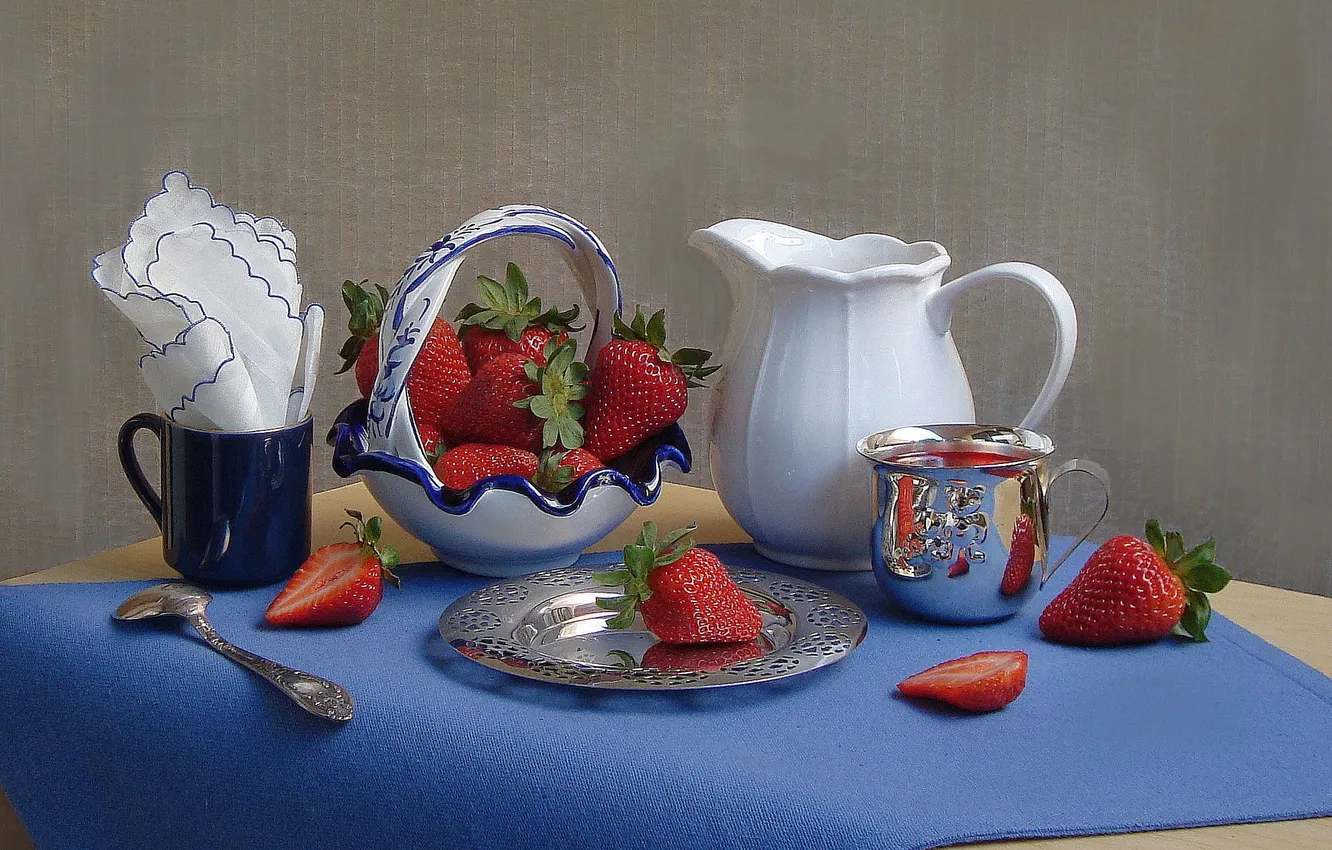 Photo wallpaper berries, strawberry, mug, pitcher, still life, vase, swipe