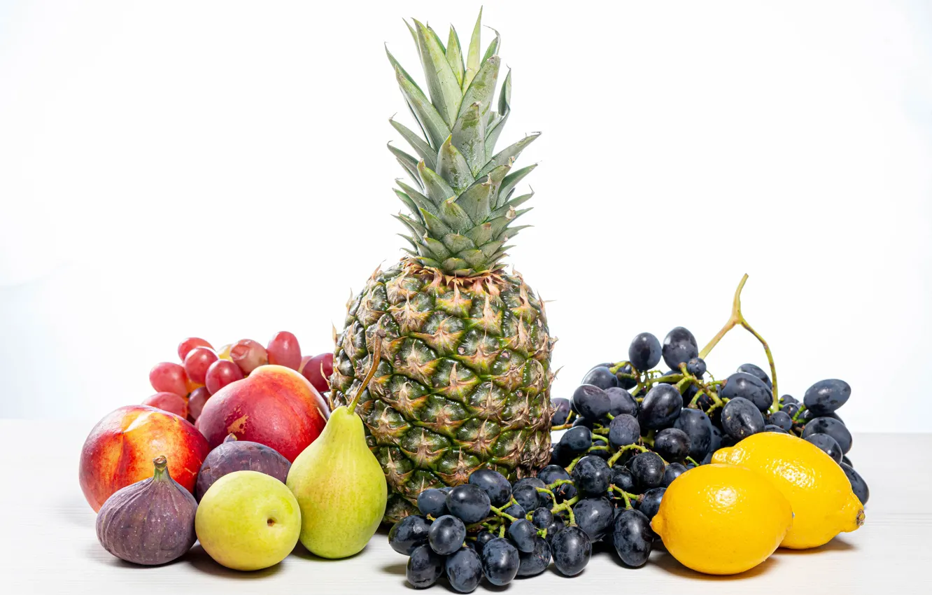 Photo wallpaper apples, grapes, white background, fruit, pineapple, pear, lemons, figs