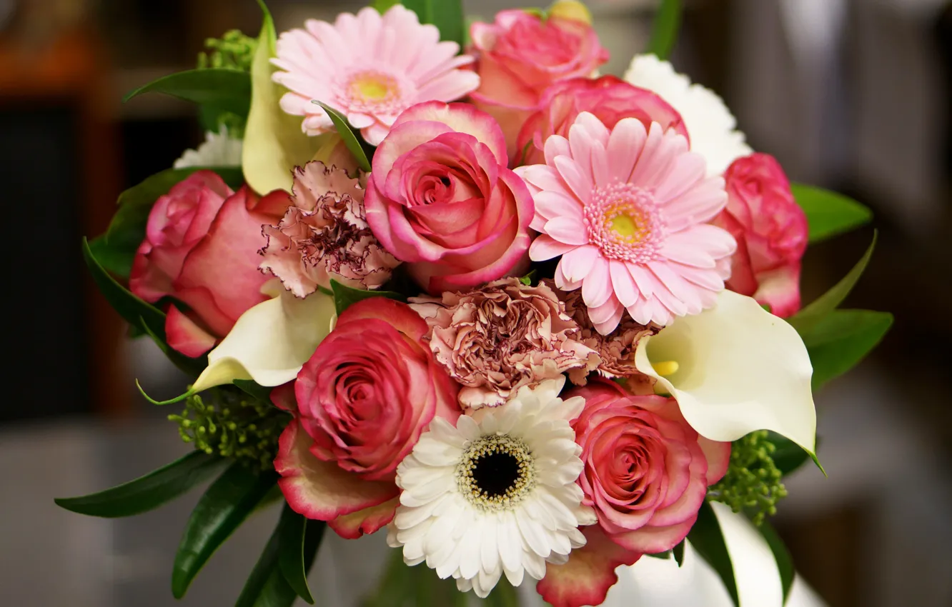 Photo wallpaper roses, bouquet, gerbera, gerberas, roses, Calla lilies, bouquets