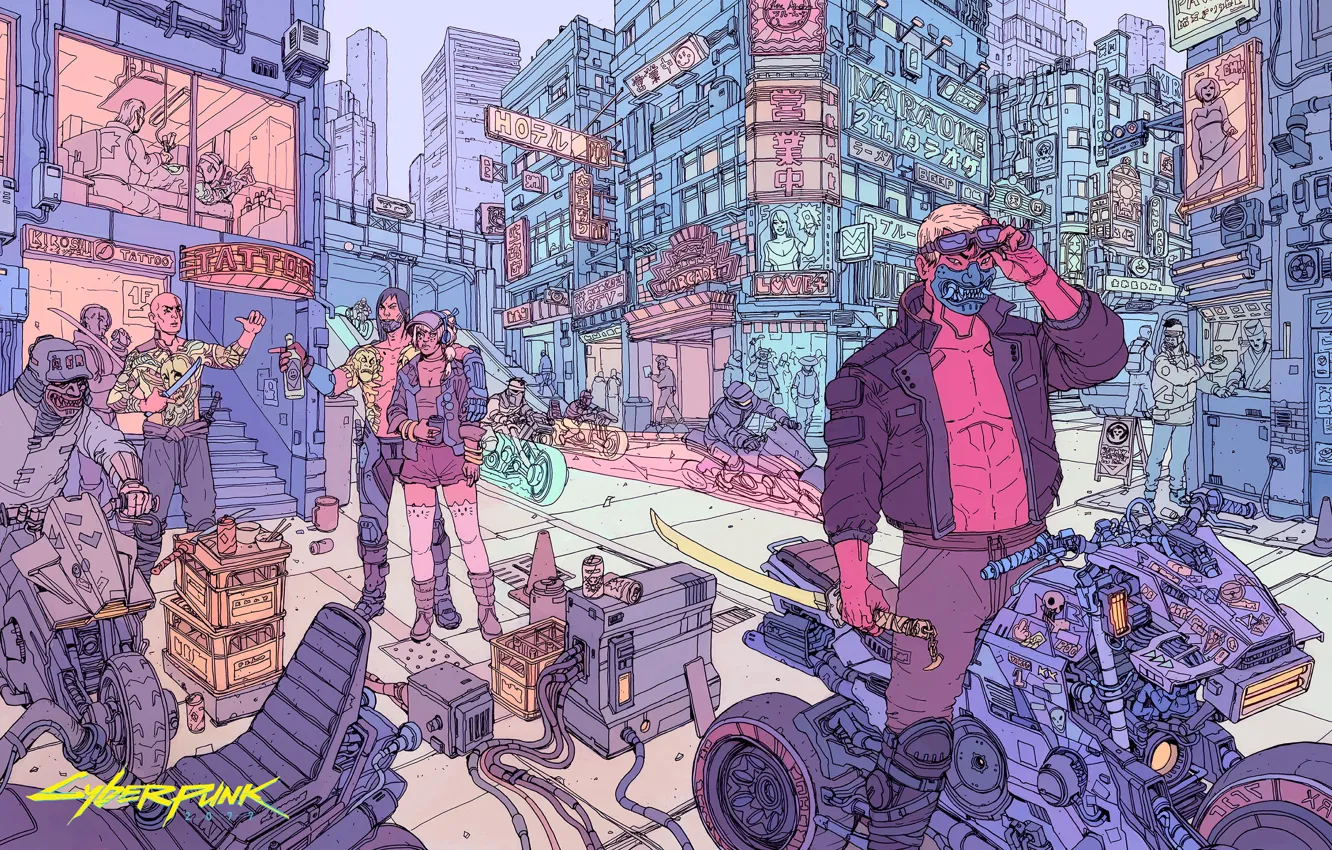 Photo wallpaper the city, people, cyborgs, residents, Cyberpunk 2077, Cyberpunk 2077