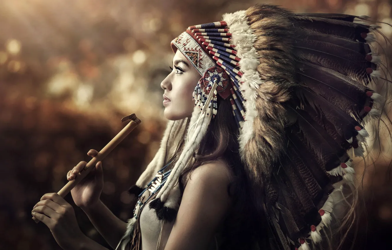Photo wallpaper Girl, Feathers, Face, Indian, Dudka, Headdress