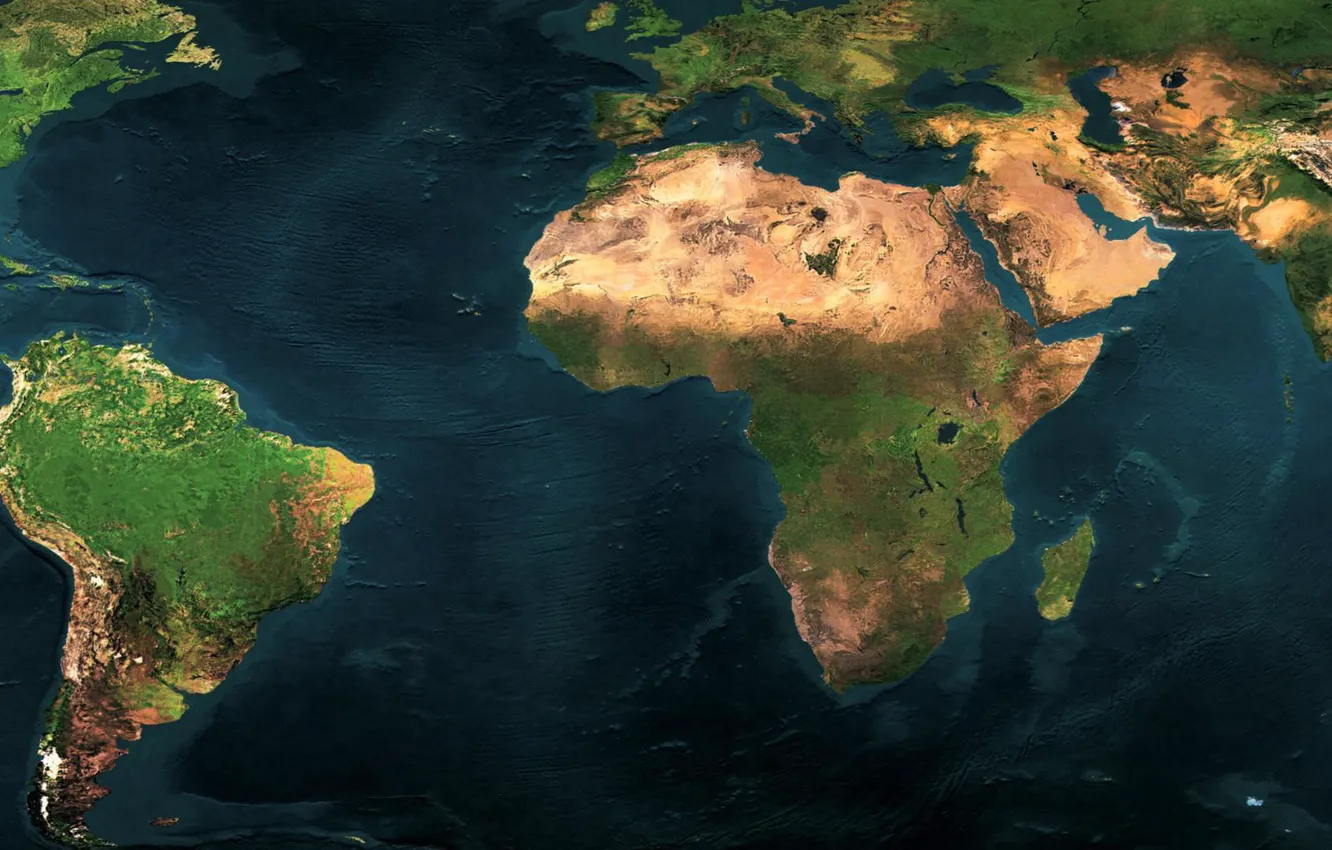 Photo wallpaper world map, dual monitor, continents, the ocean, 3840 x 1080