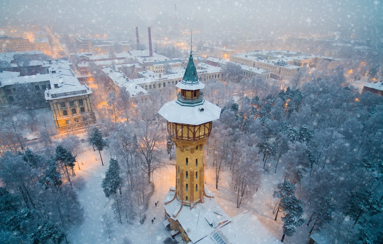 Photo wallpaper tower, winter, factory, cold, chimneys