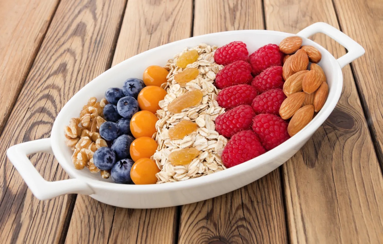 Photo wallpaper berries, raspberry, blueberries, nuts, fresh, almonds, blueberry, berries