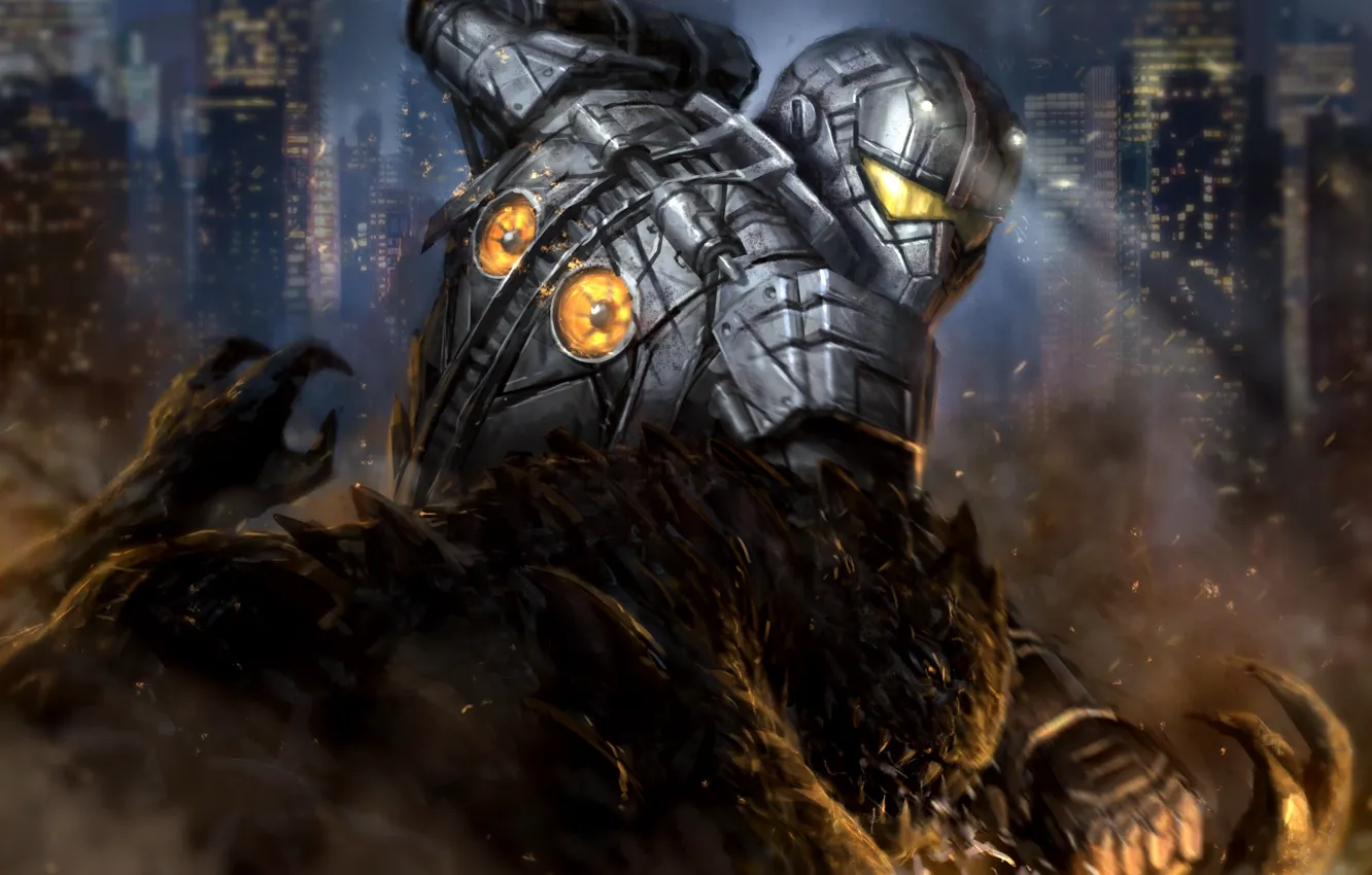Photo wallpaper the city, robot, monster, giant, Pacific Rim, Gull, Gipsy Danger, jaeger