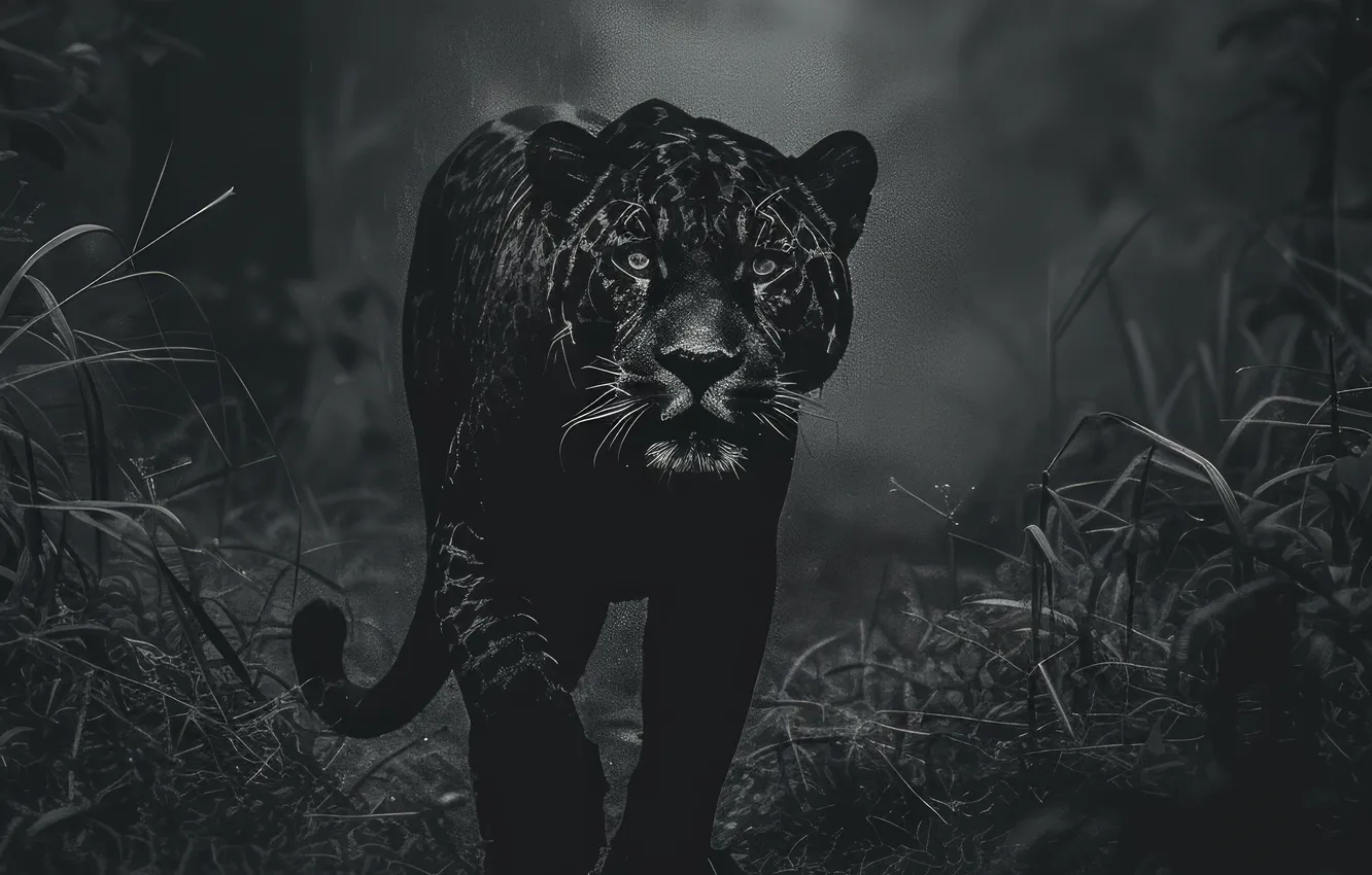 Photo wallpaper grass, look, face, trees, predator, Jaguar, black and white, big cat