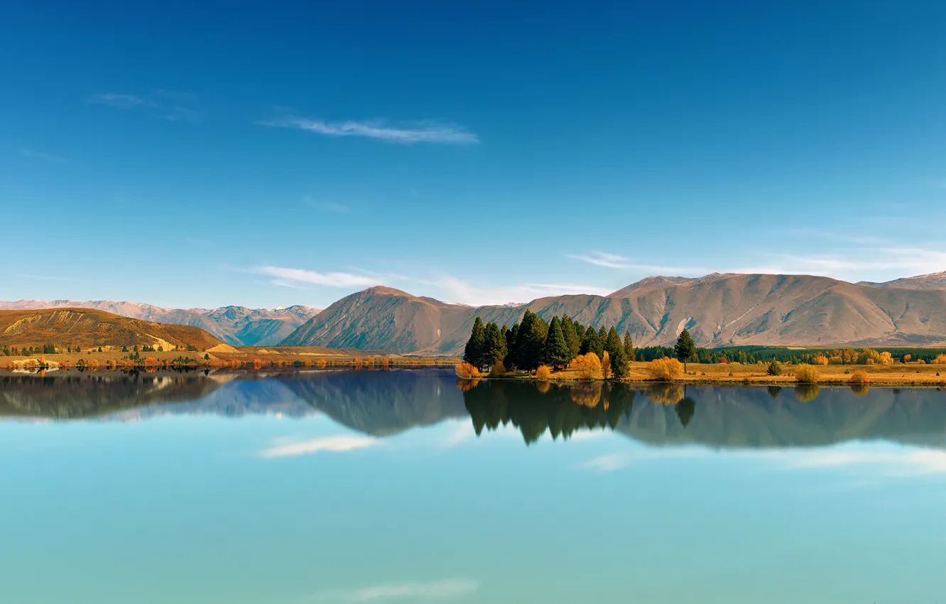 Photo wallpaper the sky, trees, mountains, lake, reflection