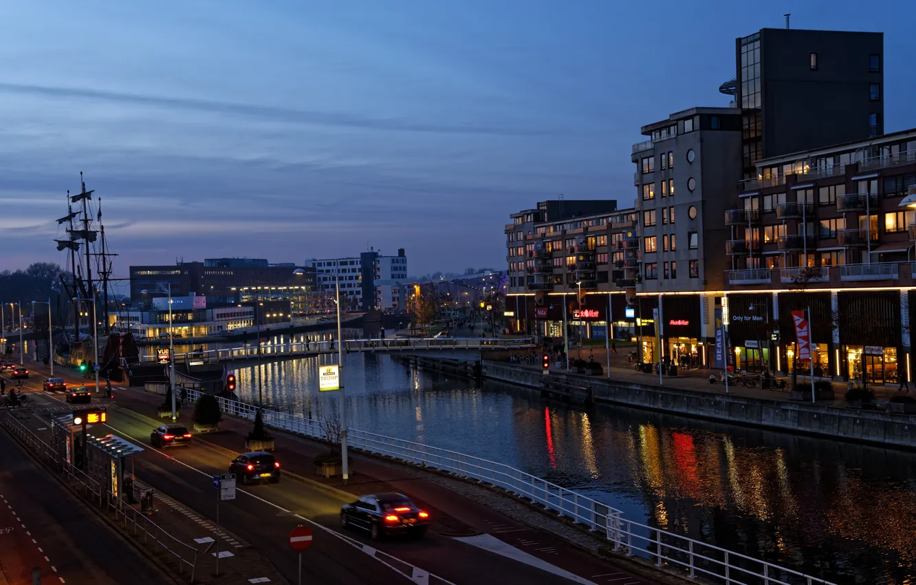 Photo wallpaper photo, Home, The evening, Bridge, The city, Road, Netherlands, Alkmaar