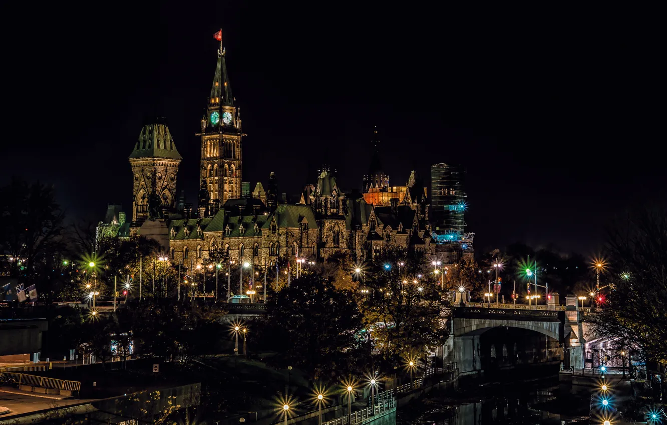 Photo wallpaper night, lights, tower, Canada, Ottawa