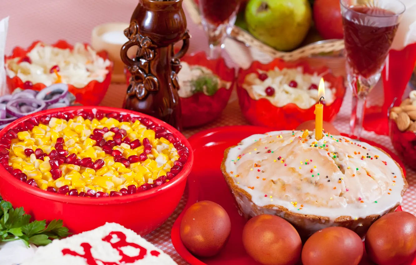 Photo wallpaper eggs, Easter, Holiday, cake, salad
