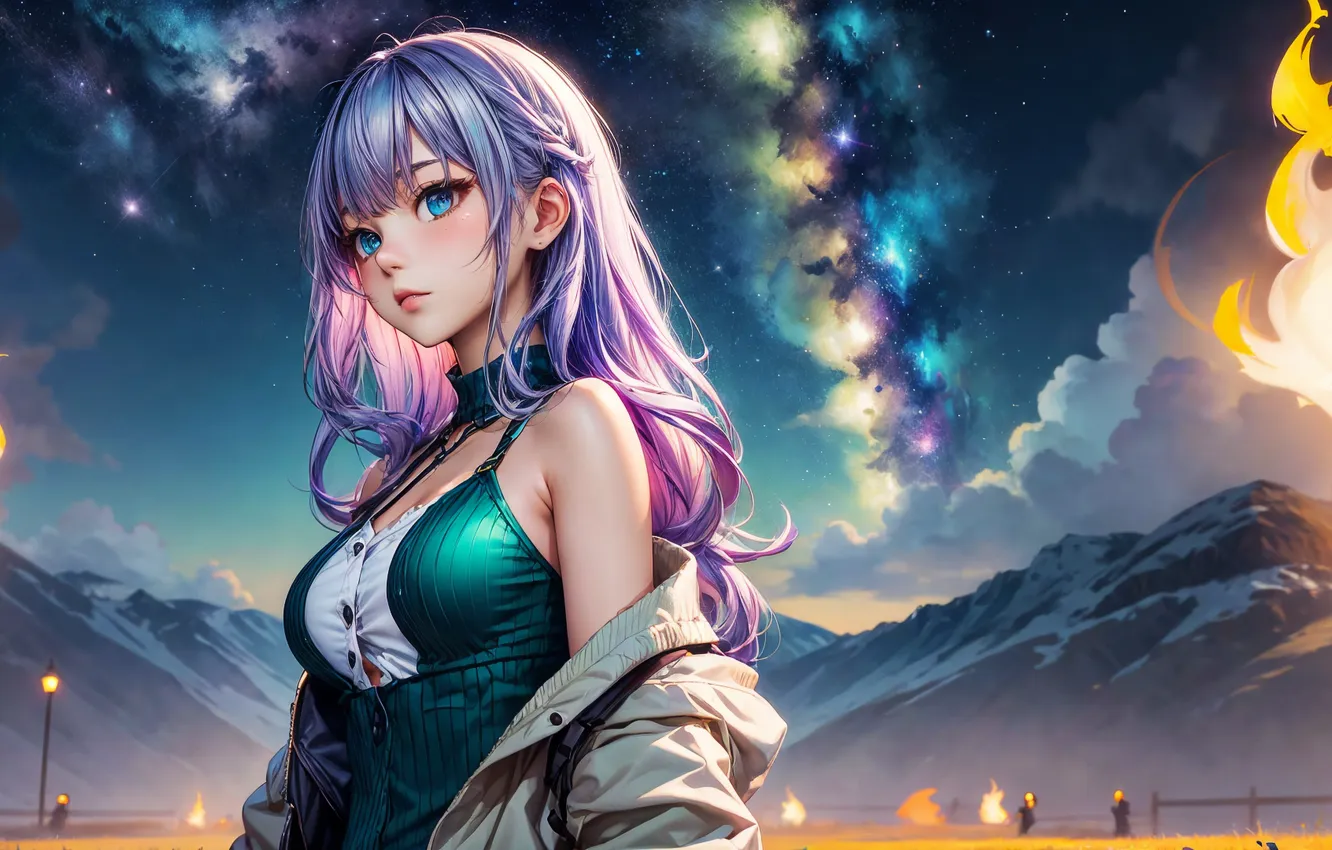 Photo wallpaper long hair, standing, purple hair, bangs, anime girl, bare shoulders, looking at viewer, closed mouth