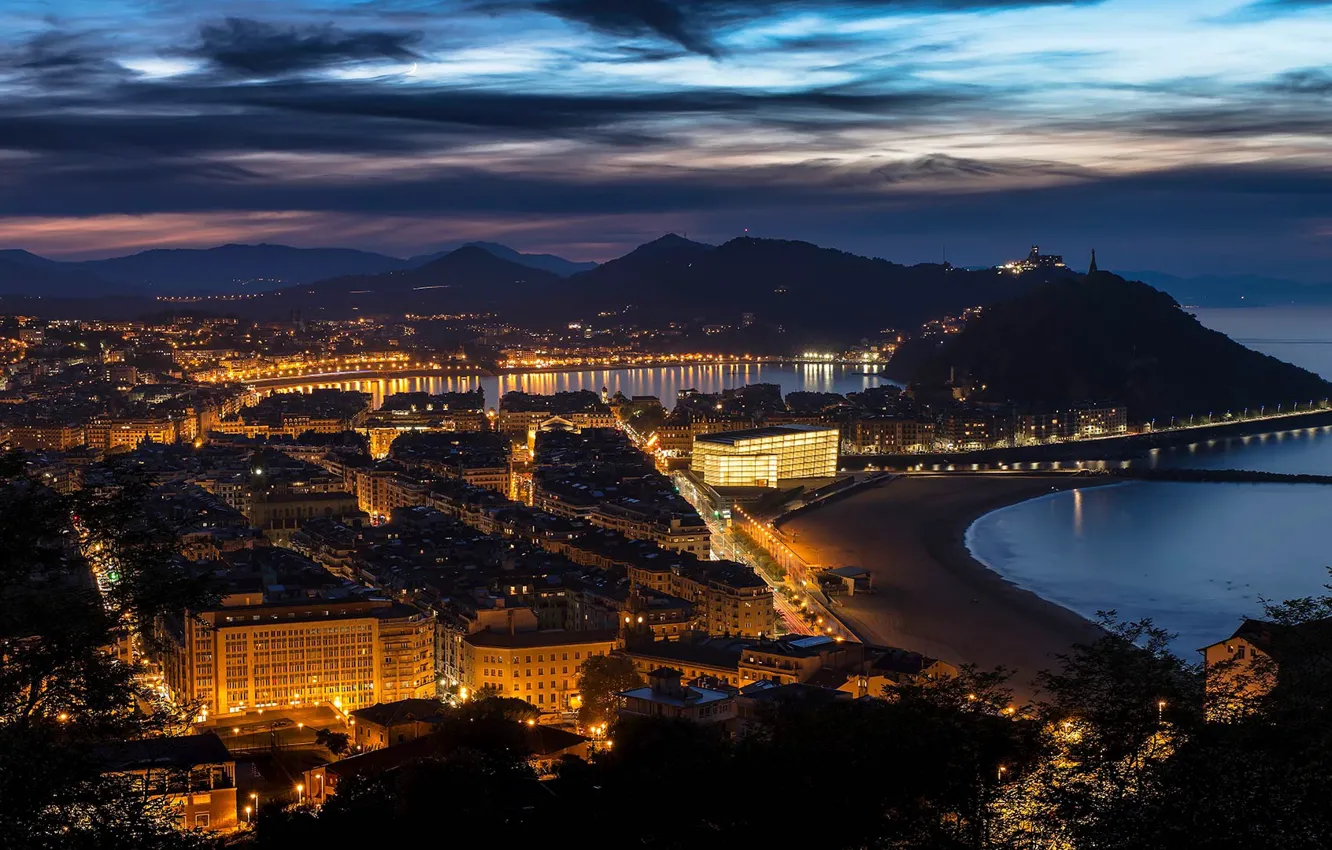 Photo wallpaper night, lights, Bay, panorama, Bay, Spain, San Sebastian
