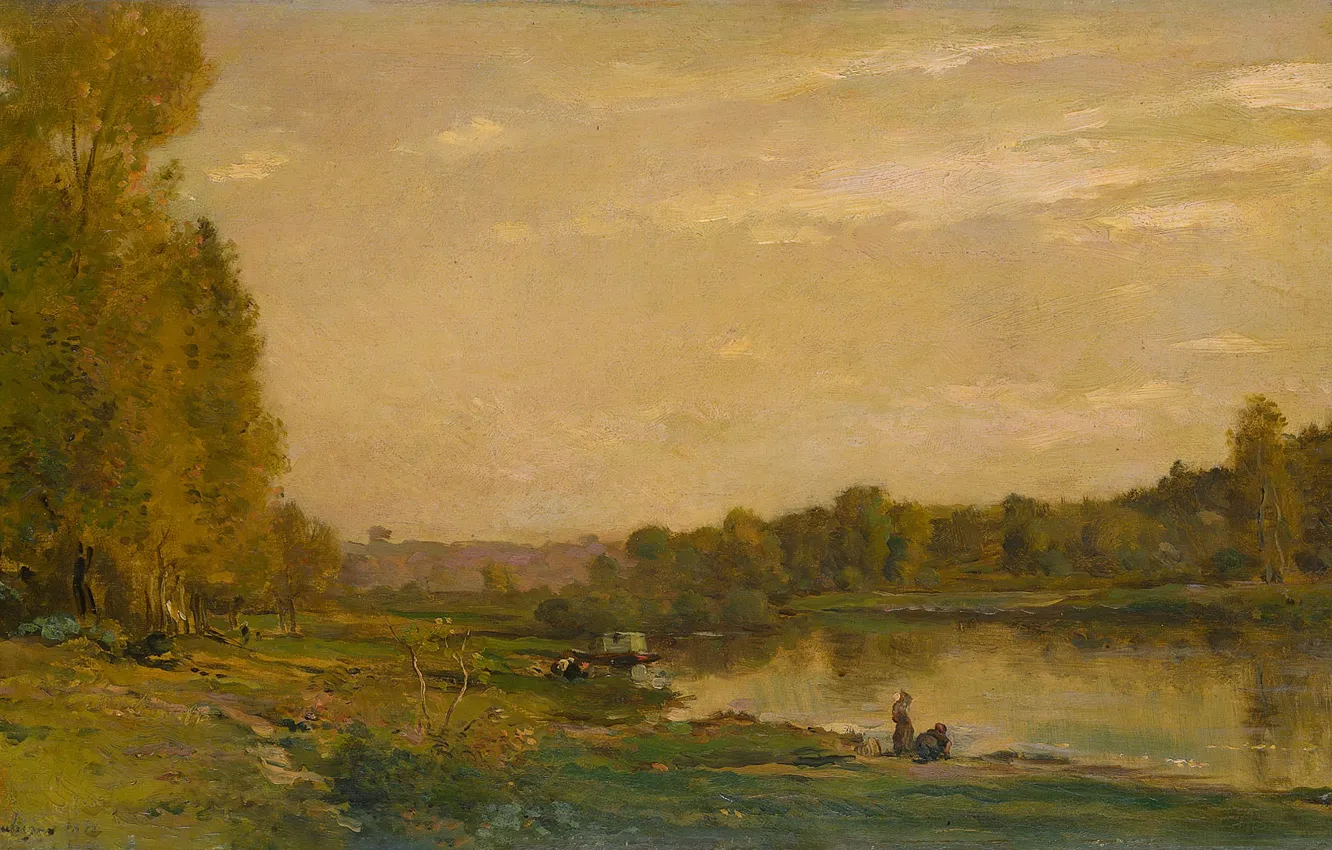 Photo wallpaper oil, picture, 1872, Charles-Francois Daubigny, Charles-François Daubigny, Landscape with river Uazoy