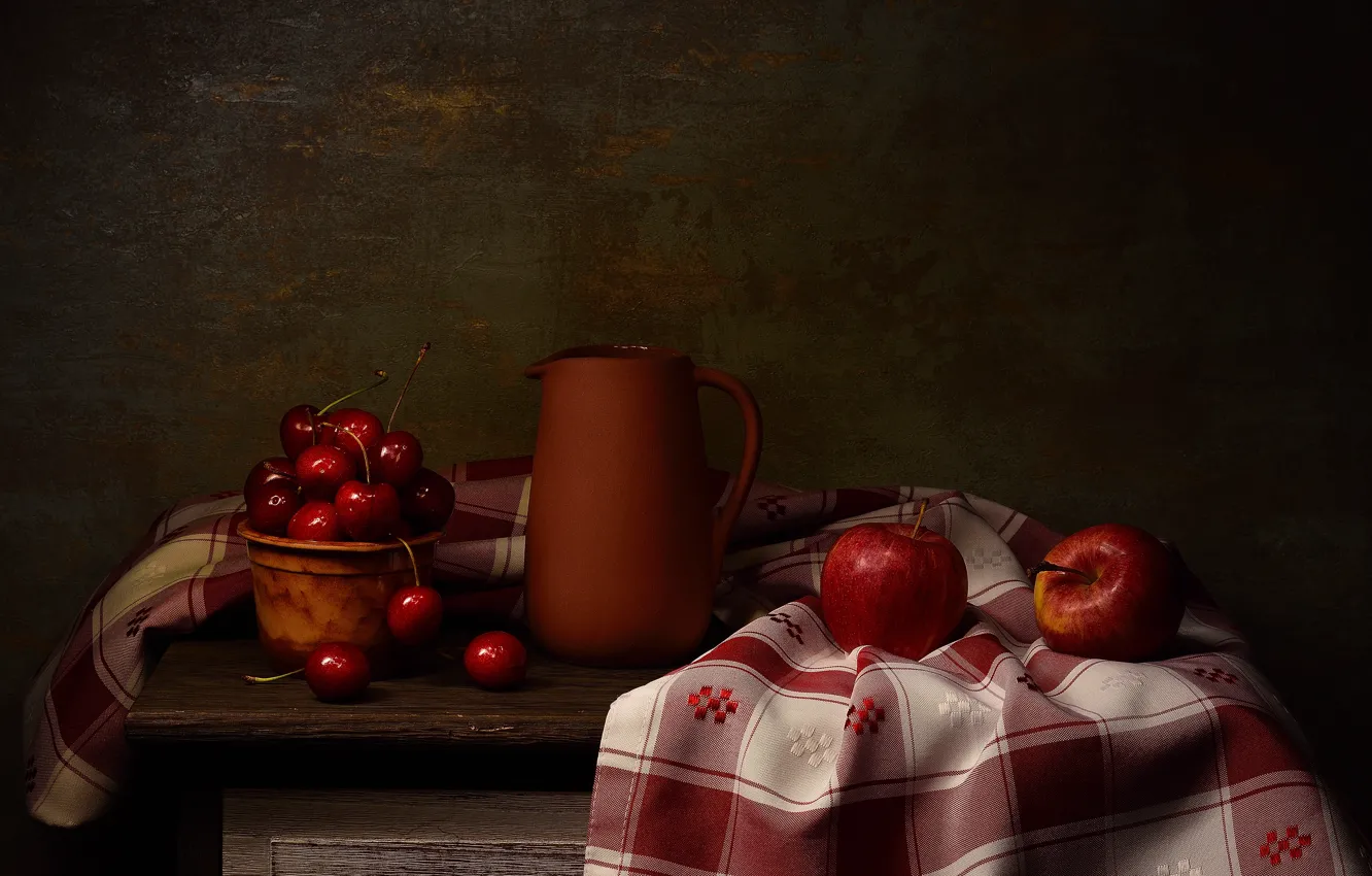 Photo wallpaper cherry, the dark background, table, apples, towel, pitcher, still life, cherry