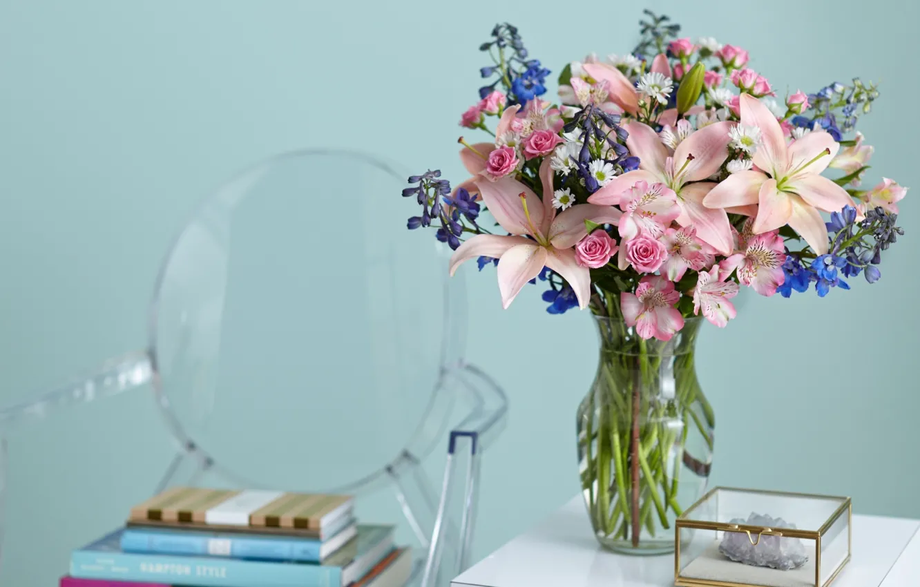 Photo wallpaper flowers, Lily, books, roses, chamomile, bouquet, vase