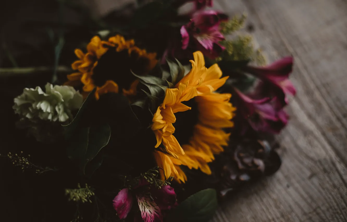 Photo wallpaper sunflowers, flowers, the dark background, table, Board, bouquet, lies, different