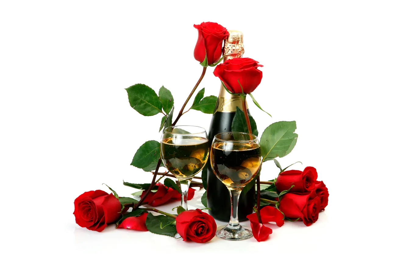 Photo wallpaper flowers, bottle, roses, glasses, red, white background, champagne