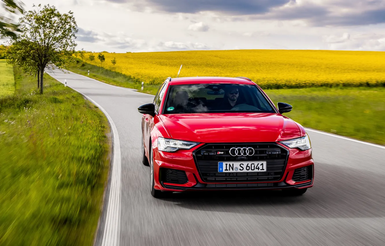 Photo wallpaper road, red, Audi, field, plants, universal, 2019, A6 Avant